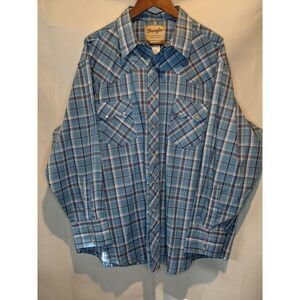 Vintage Wrangler Western Fashion Pearl Snap Shirt Double V Pockets Mens 3XL Blue